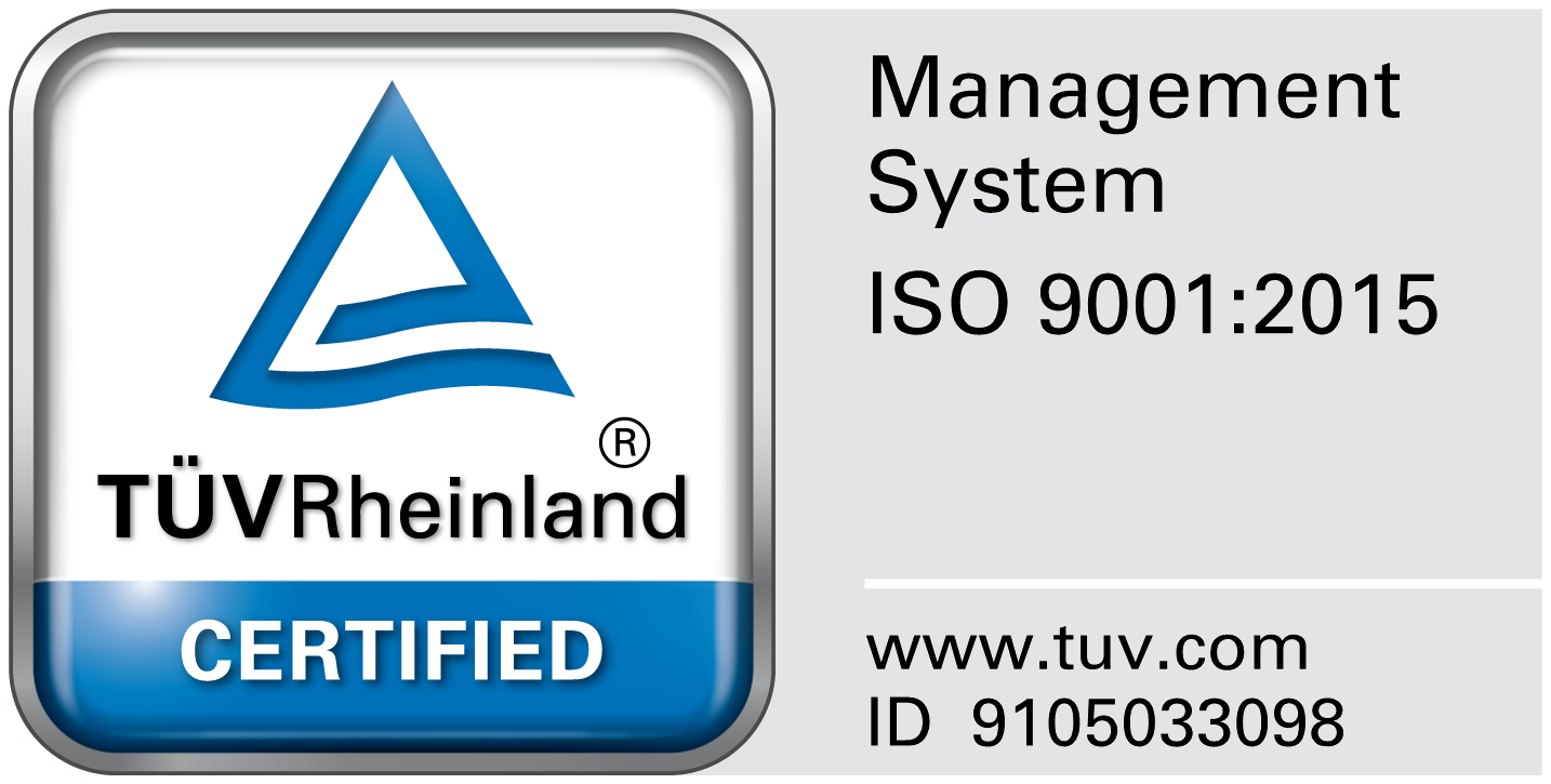 TÜV Rheinland — ISO 9001:2015 Management System certified, ID 9105033098